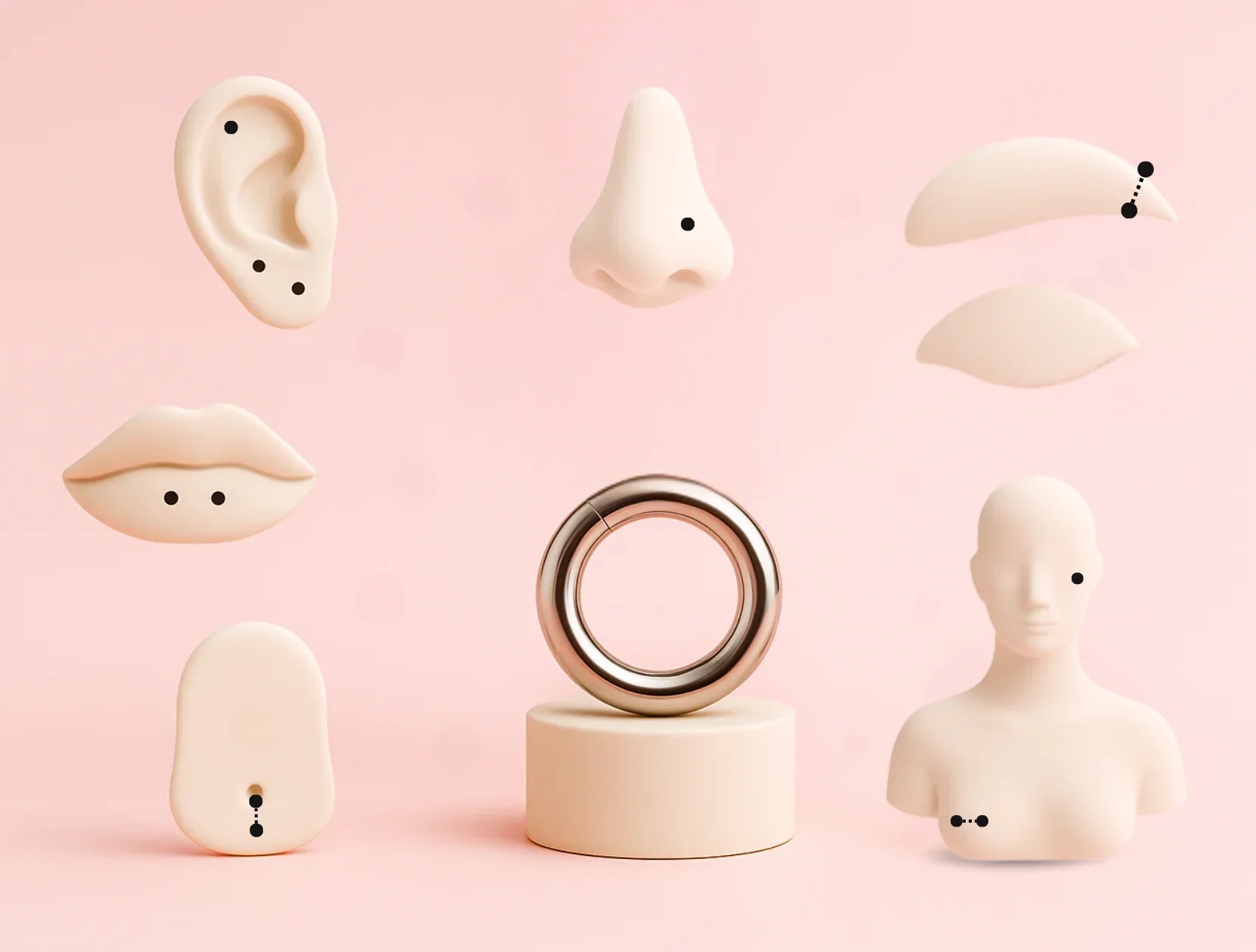 Illustration rose d’oreille, nez, lèvres, langue, sourcil et téton avec points noirs marquant les emplacements possibles de piercings.