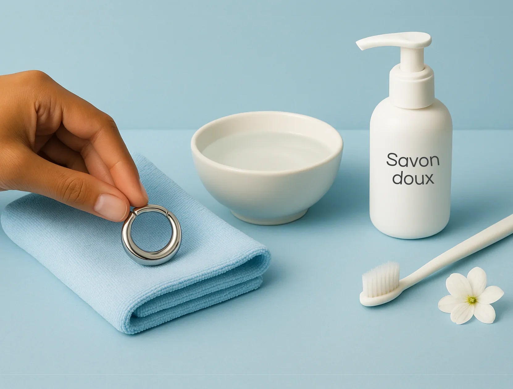Nettoyage d’un piercing en titane avec savon doux, eau tiède, chiffon et brosse, sur fond bleu pastel.