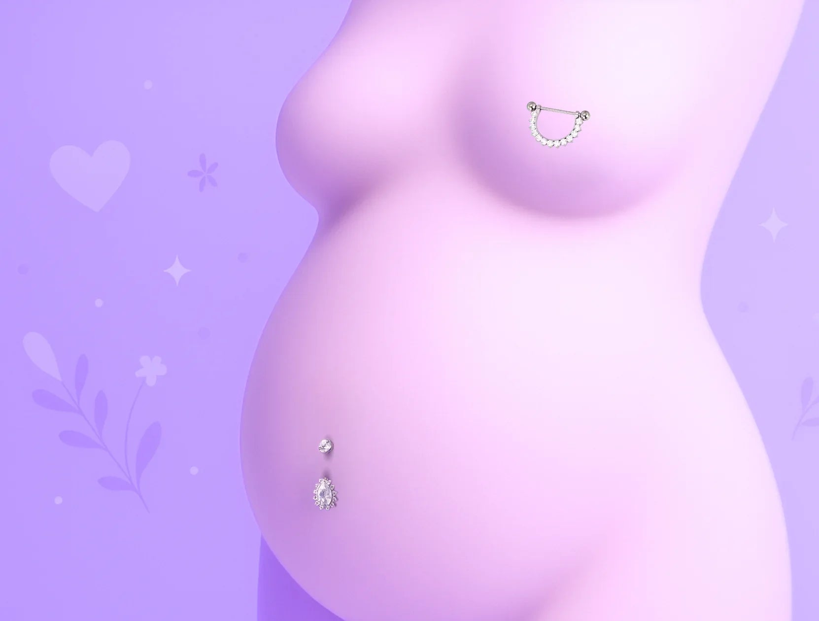 Illustration pastel d’un buste de femme enceinte avec piercings au téton et au nombril, sur fond violet décoré de cœurs et de fleurs.