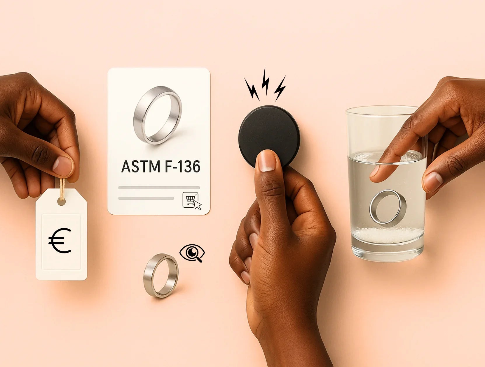 Main tenant une bague en titane ASTM F-136, testée à l'aimant et dans l'eau, avec étiquette de prix et fiche produit.