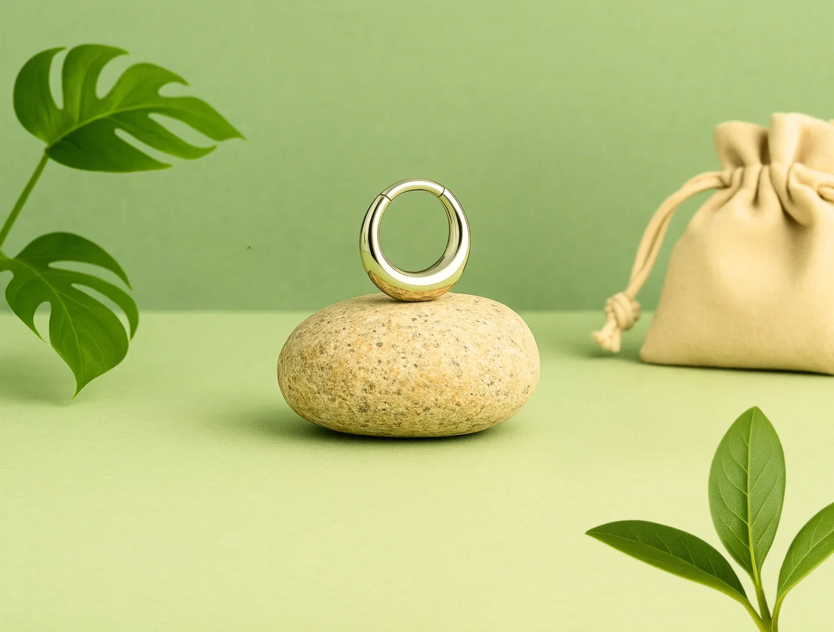 Anneau de piercing doré posé sur un galet, dans une mise en scène naturelle vert pastel avec feuilles et petit pochon en toile en arrière-plan.