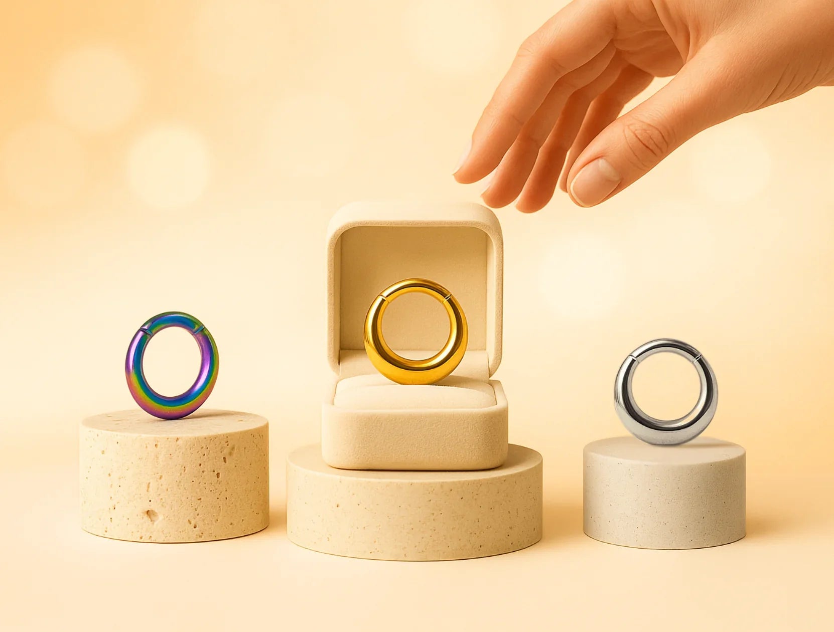 Trois anneaux en titane, un pvd doré, un titane brut et un titane anodisé. Ils sont exposés sur socles crème, avec une main saisissant celui en or.