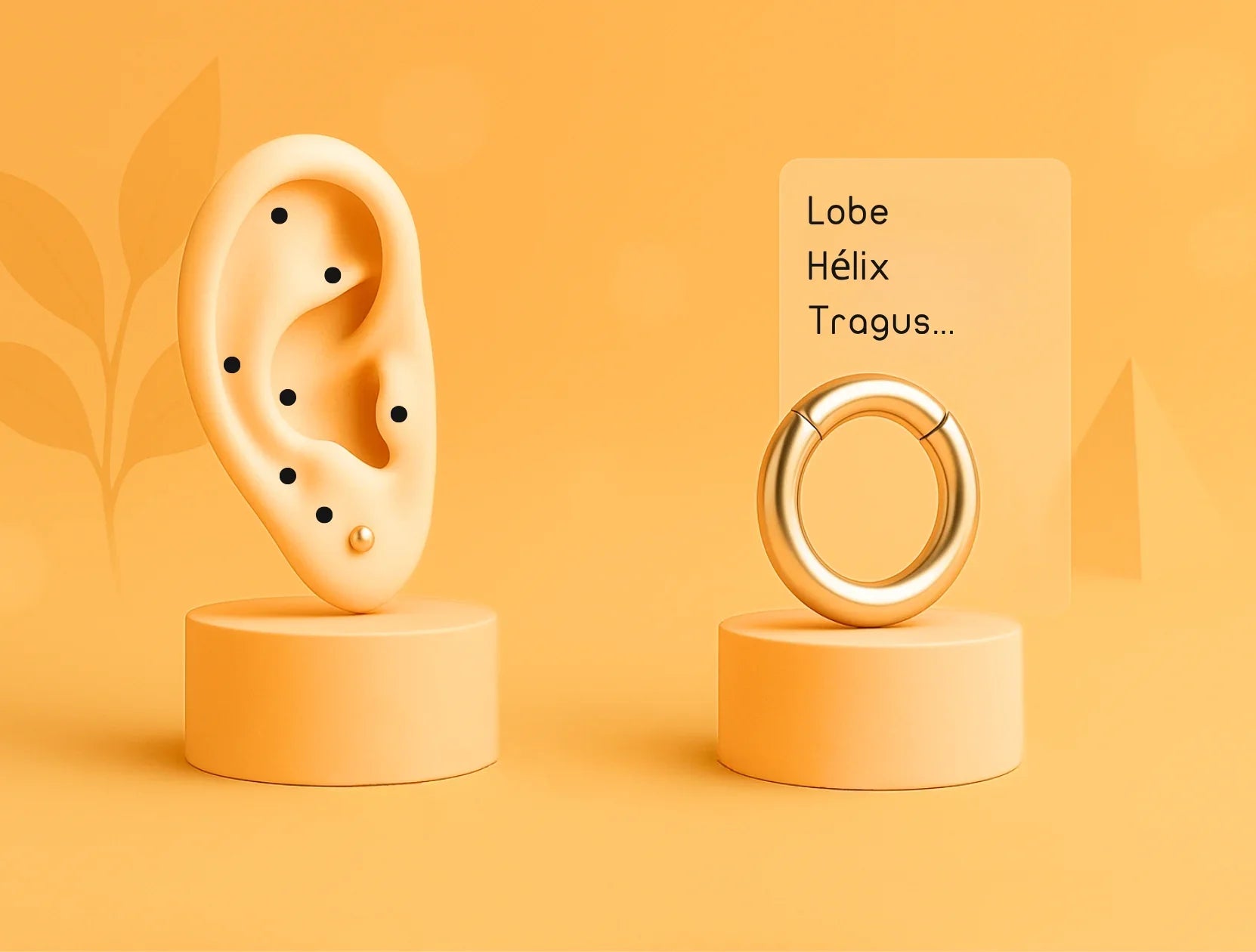 Illustration d’une oreille avec points de piercings possibles (lobe, hélix, tragus…) et anneau doré posé à côté, sur fond orange minimaliste.